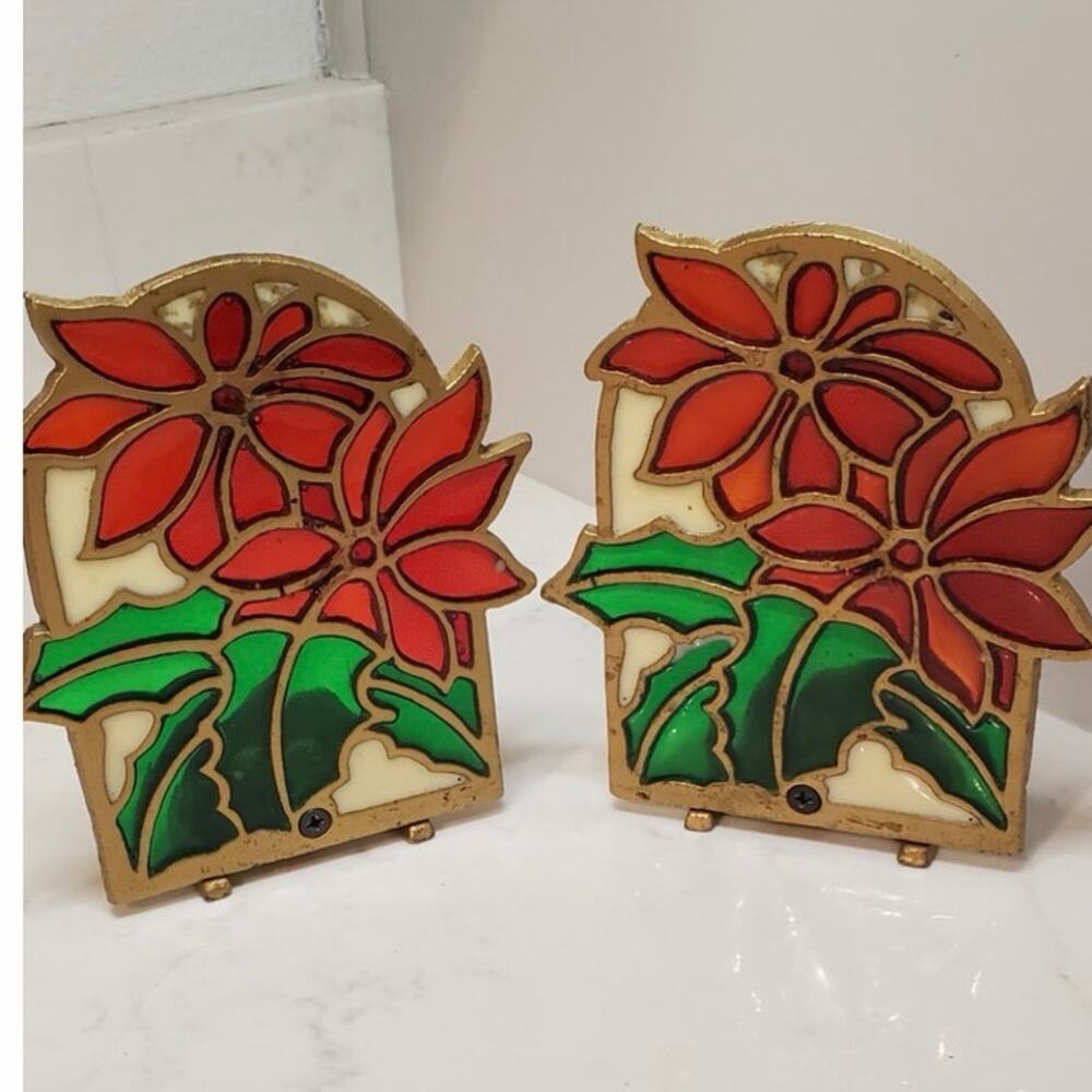 Pair of Christmas Glo Vintage Stained Glass Poinsettia Tealight Candle Holders